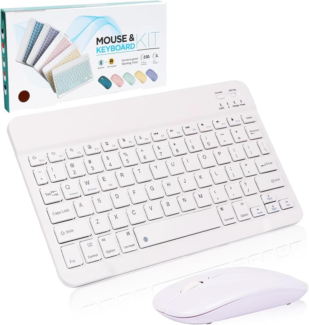 Bluetooth Keyboard and Mouse Combo,Ultra Slim Rechargeable Portable Wireless Keyboard Mouse Set Compact for Android Windows Tablet Cell Phone iPhone iPad Computer Desktop PC Laptop(White)