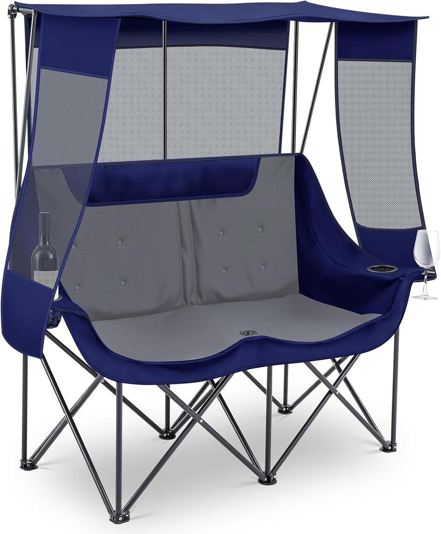 Teenyyou Double Camping Chair with Canopy Shade 660lbs Heavy Duty Beach Chair, Portable Folding 2 Person Camping Loveseat with Cup Holder and Storage Bag for Lawn Beach Outdoor Sport(Blue and Grey)