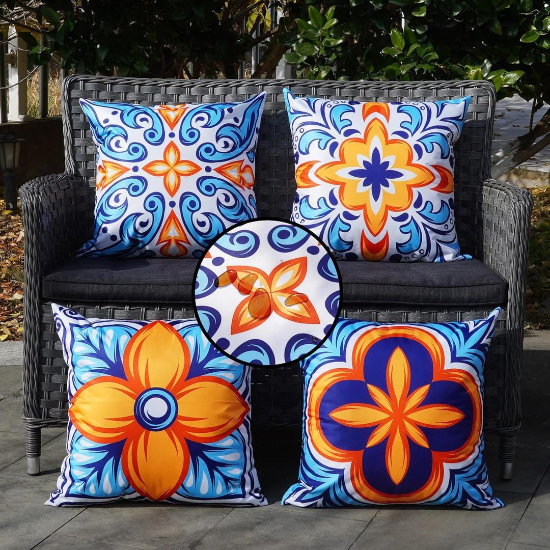ONWAY Outdoor Pillow Covers Waterproof 20x20 Set of 4 Floral Boho Decorative Throw Cushion Cover Farmhouse Pillows for Bench, Couch, Patio Furniture (Blue, Orange)