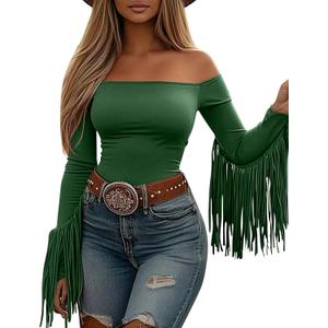 Fringe Tops for Women Western Cowgirl Off The Shoulder Fall Long Sleeve with Tassels Stretchy Crop Shirts Blouses (Medium, 08-green)
