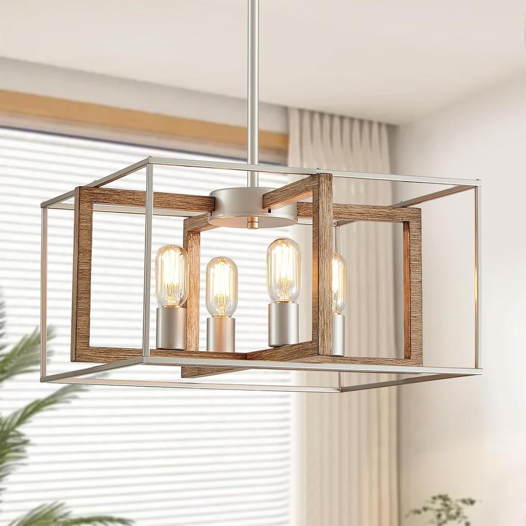 XINGQI 19.7" Modern Chandelier Square Light Fixtures Farmhouse Pendant Lighting for Kitchen Island Dining Room Living Room Brushed Nickel & Wood Grain Finish 4-Light