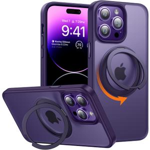 TORRAS 360 Rotatable Ring for iPhone 14 Pro Max Phone Case [Compatible with Magsafe] with Stand, Magnetic Ring Military Grade Shockproof Translucent Back Slim Ostand Pro, Matte Purple