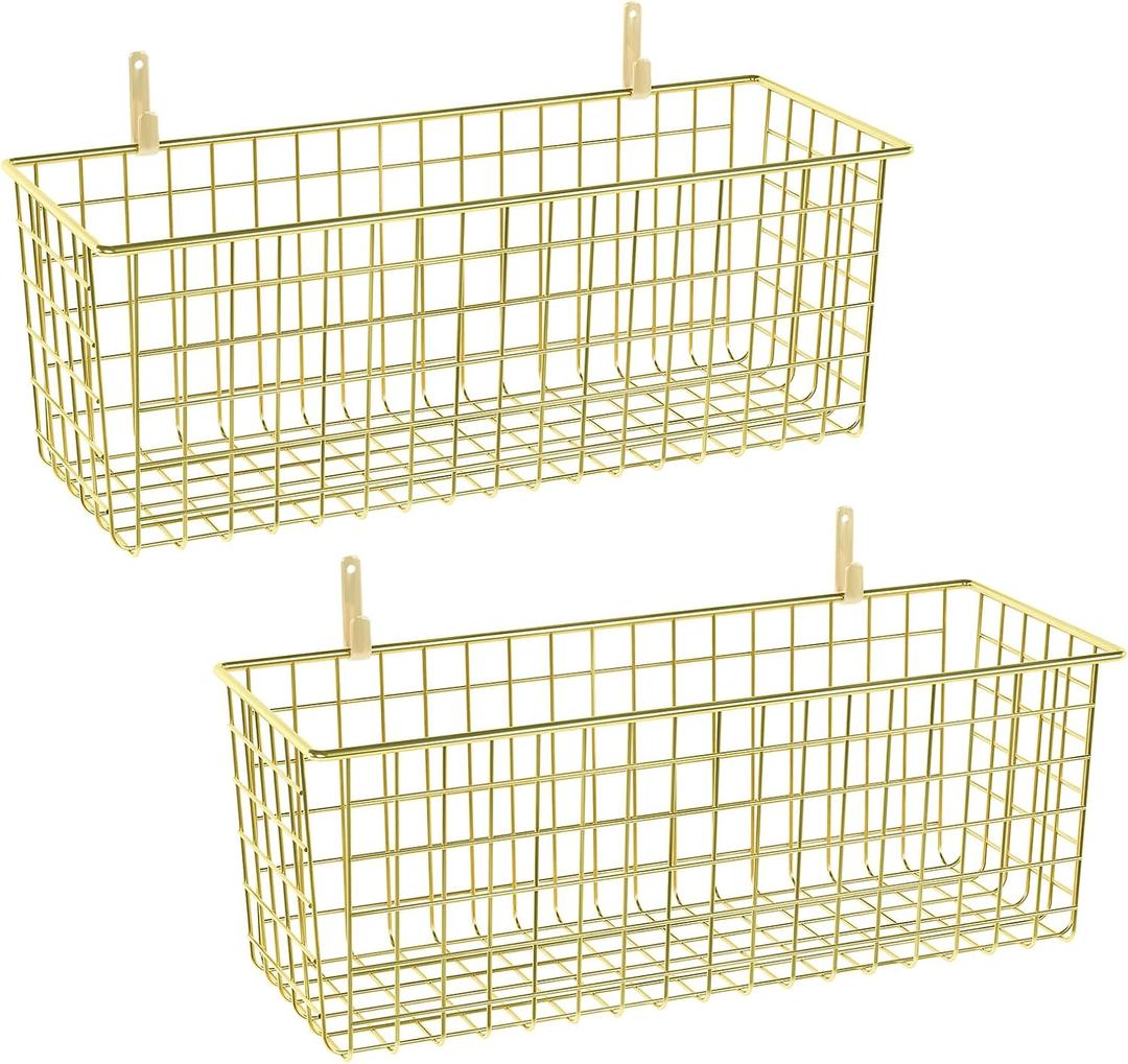 2 Sets Extra Large Hanging Wall Basket, Gold Metal Wire Baskets with Steel Hooks for Organizing, WallmountedFruit Vegetable Toy Snack Storage, Home Kitchen Bathroom Laundry Pantry Organizer