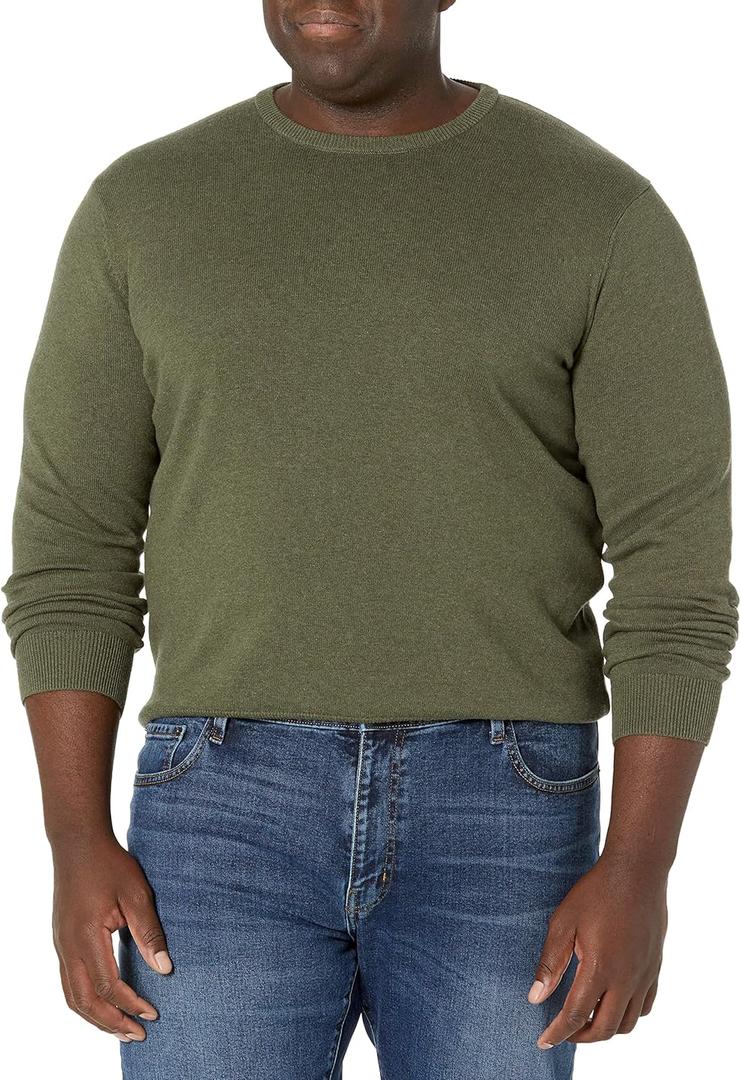 Amazon Essentials Men's Long-Sleeve Crewneck Sweater, 100% Cotton, Big & Tall Options (Large, Olive Heather)