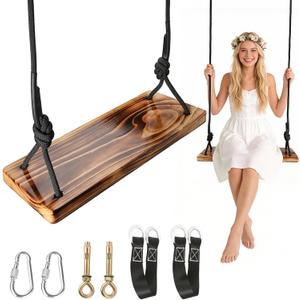 Carbonized Wooden Swing,Aspelve 24"x 8" Hanging Tree Swing with Heavy Duty 500 lbs Load,Wooden Swing Seat with Adjustable Climbing Rope & Tree Straps for Outdoor and Indoor Use(24"x 8")