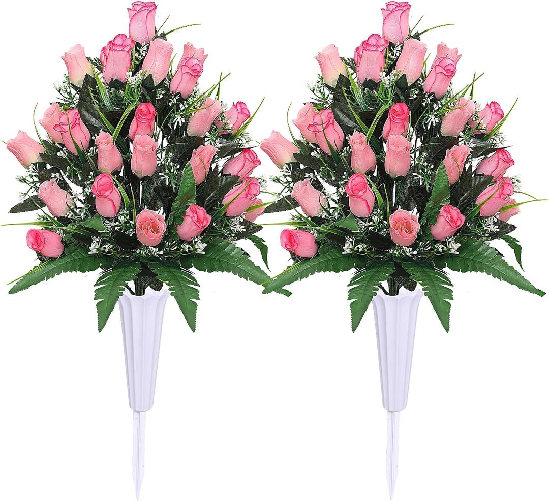 Lodou Artificial Cemetery Flowers,Outdoor Grave Decorations Roses,Arrangements Bouquet with Cemetery Vase, Silk Flowers for Long-Lasting Remembrance (Pink)
