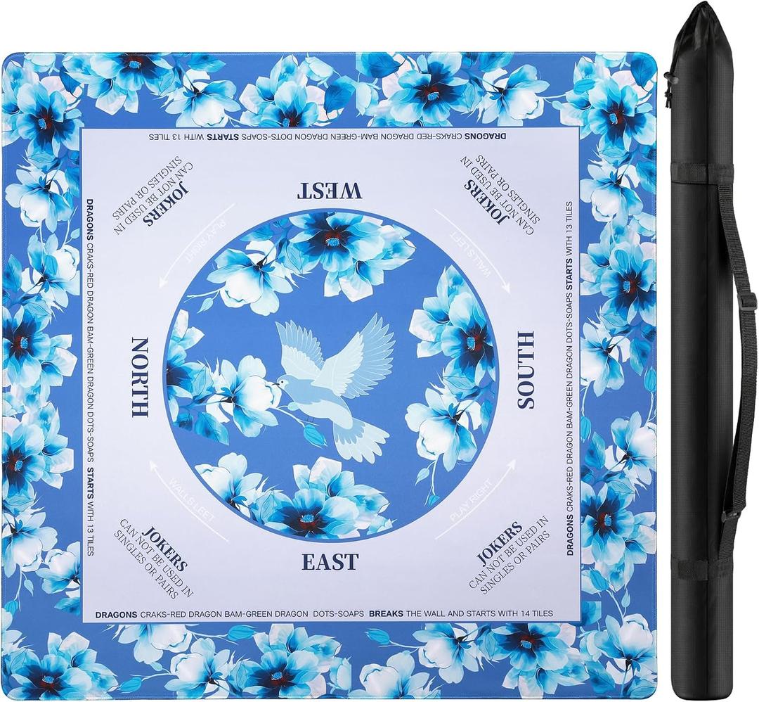 Xmoiqer Mahjong Mat for Table 31.5x31.5Inch, Anti-Slip, Noise-Reducing American Mahjong Mat with Rules, Mahjong Table Mat with Carry Bag, Neoprene Mahjong Mat for Poker, Cards, Board.(Blue)