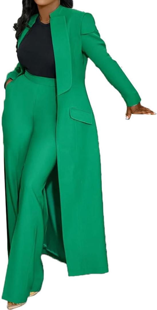 Famnbro Womens Suits 2 Piece Set Long Blazers Jacket Lapel and Straight Leg Pants Business Outfits (Large, Light Green)