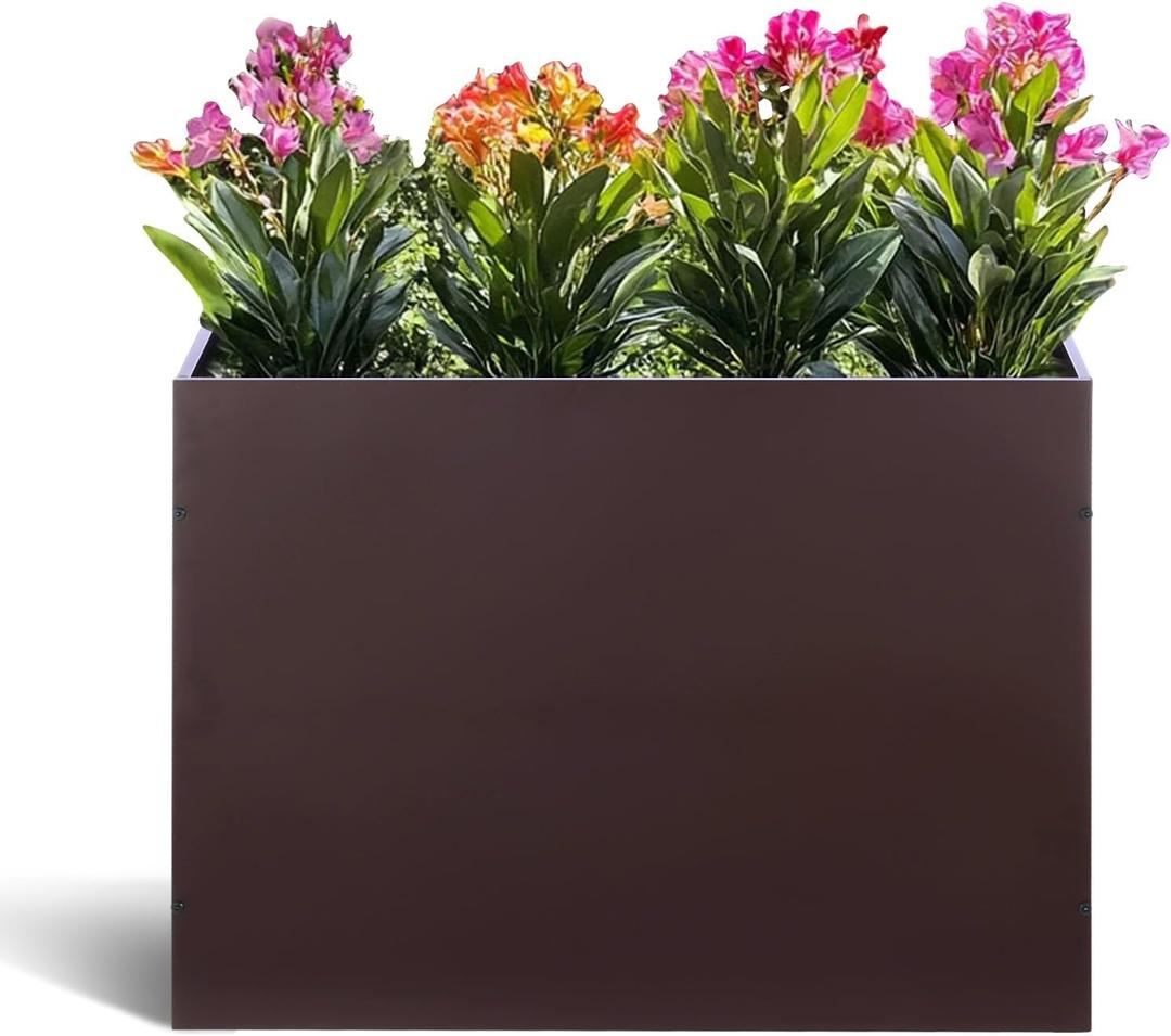 BAYN Metal Rectangular Planter Box Tall Planters for Outdoor Plants Modern Heavy Duty with Drainage Holes for Outside Indoor Patio Deck - Brown, 32x 12x 24
