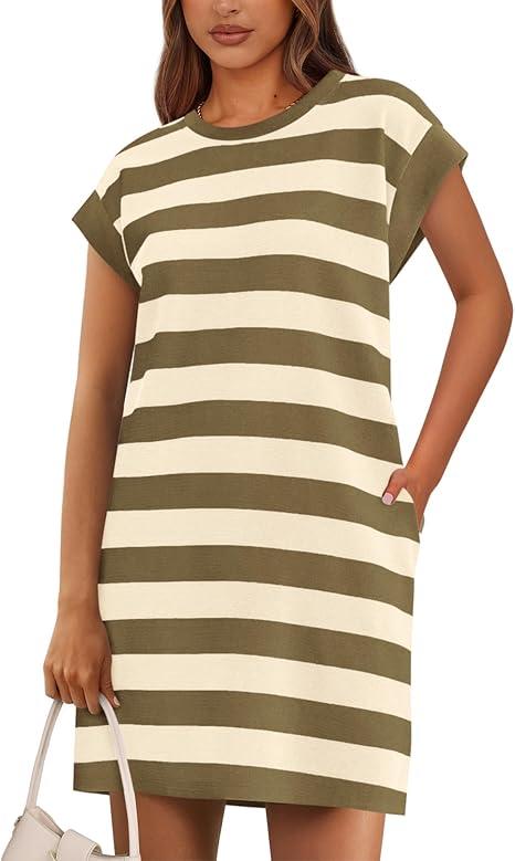 BTFBM Casual Dresses for Women 2025 Summer Striped Tshirt Short Dress Loose Cap Sleeve Beach Vacation Clothes Pockets M Khaki Green