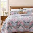 BLOOMHAVEN Quilt Set Queen Size, Patchwork Pink Floral Quilt Sets, Reversible Bedspread Lightweight and Breathable for All Seasons, Soft Quilted Bedspread with 2 Pillow Shams
