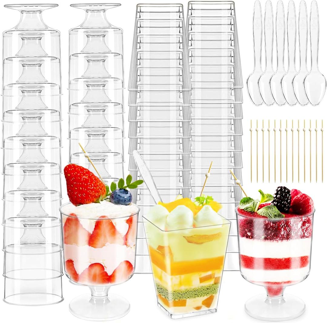 200 Pack Mini Dessert Cups with Spoons and Toothpicks, Clear Plastic Dessert Parfait Cup, Square Dessert Glasse Round Goblet for Parties, Ice Cream, Fruit, Cake, Pudding(5 OZ)