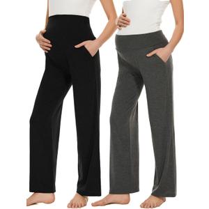 Ecavus Women's Maternity Wide/Straight Versatile Comfy Palazzo Lounge Pants Stretch Pregnancy Trousers with Pockets (X-Large)