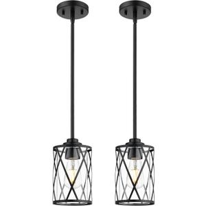 Beionxii 2 Pack Glass Pendant Lights Kitchen Island, Black Modern Kitchen Pendant Lighting Over Island, Farmhouse Industrial Cage Hanging Lighting with Clear Glass for Sink, Dining Room, BX-PL07BK-2PK