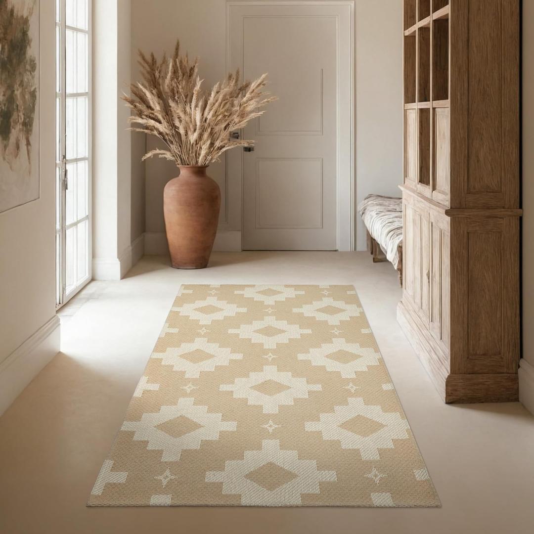 3x5 ft Boho Rugs for Entryway Washable Area Rug, Non Slip TPR Backed Entry Rug Woven Indoor Door Mat Cotton Livingroom Rugs Floor Carpet for Entryway, Foyer, Backdoor, Khaki