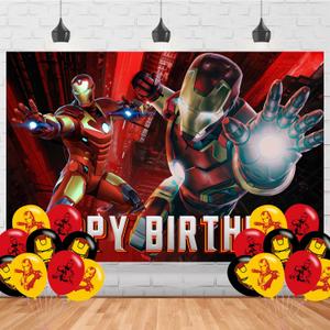 Iron Hero Man 7x5ft Happy Birthday Backdrop Cartoon Iron Hero Backdrop  Balloon Cartoon Background Hero Party Decoration Banner