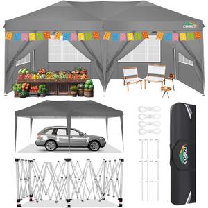COBIZI Canopy 10x20 Pop Up Canopy Tent with 6 Sidewalls, Waterproof Outdoor Event Shelter Gazebo Sun Shade Portable 10x20 Tents for Parties Beach Camping Commercial Instant Canopy (Grey, 10'x20')