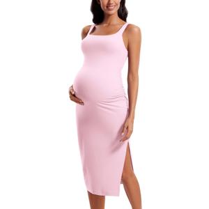 CRZ YOGA Butterluxe Maternity Square Neck Midi Dress - Split Ruched Tanks Womens Pregnancy Bodycon Casual Baby Shower (Large, Pink Peony)