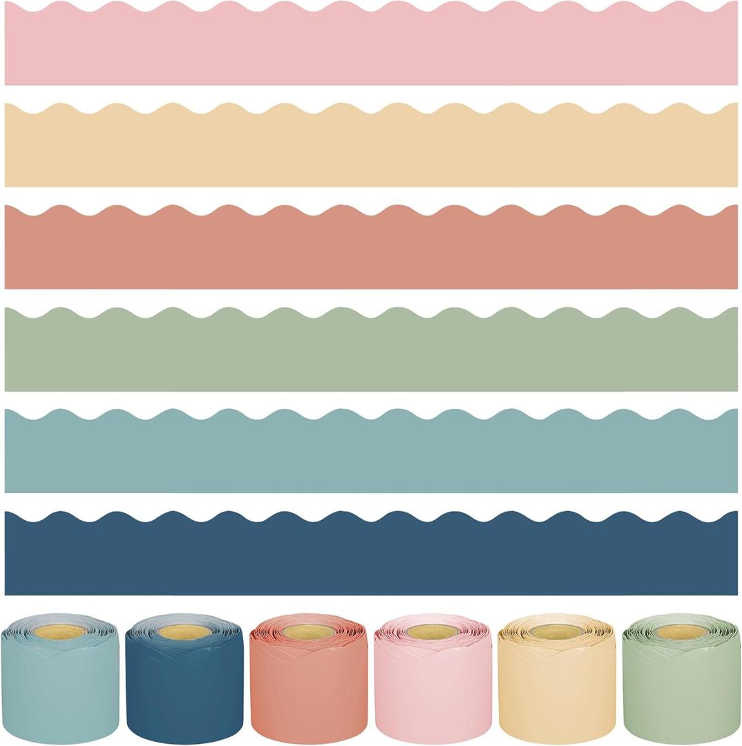 240Ft Boho Bulletin Board Borders Colorful Classroom Border Trim Boho Scalloped Borders Stickers Rolled Boho Bulletin Board Decorations for Classroom School Home Office Chalkboard Decor, 6 Rolls