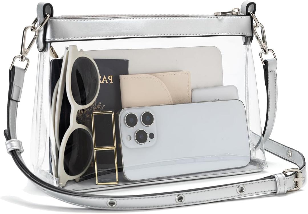 Clear Bag for Stadium Events, Clear Purses for Women, Stadium Approved Crossbody Bag (Silver)