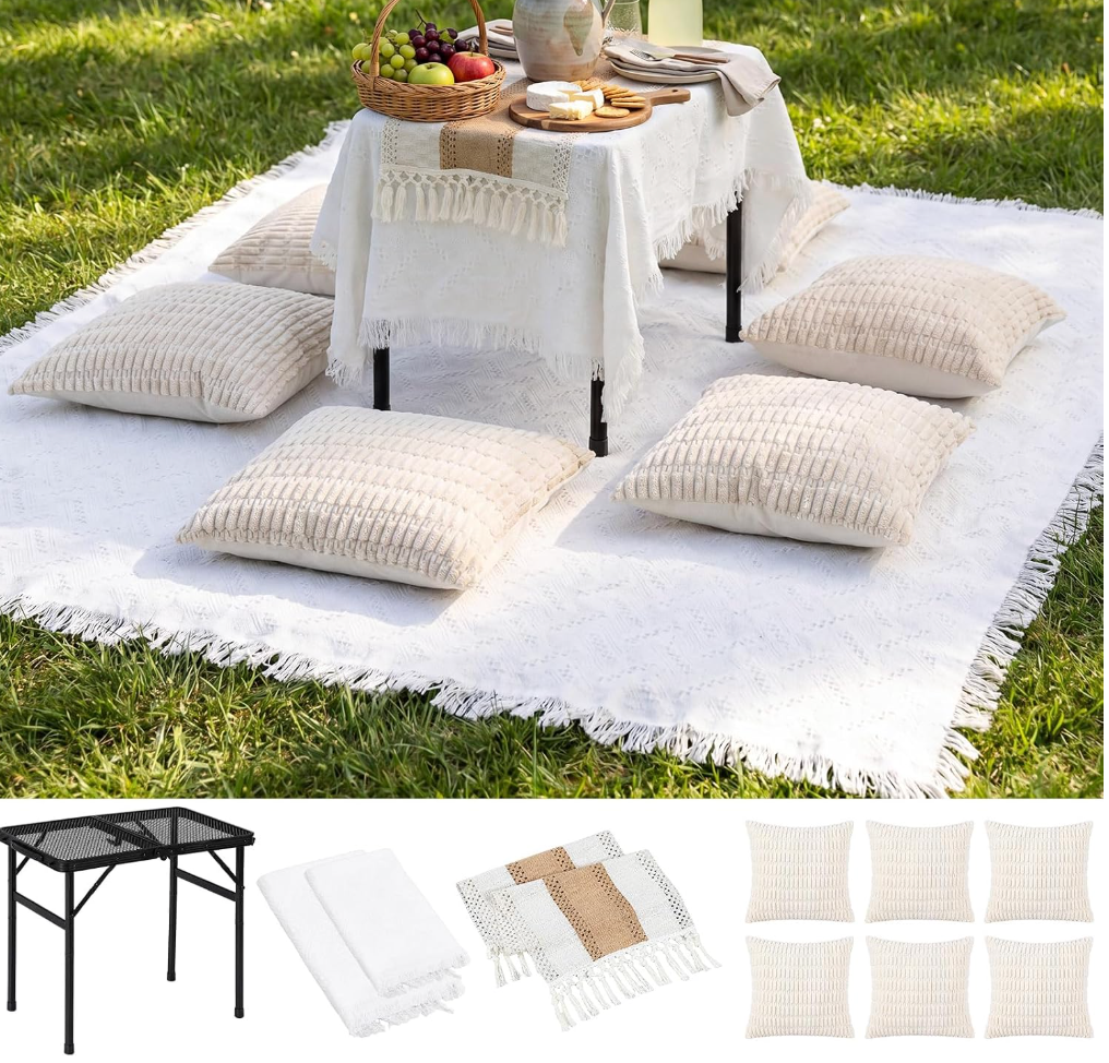 Novabright 10 Pcs Boho Picnic Set with Table Blanket Runner,Pillow Covers