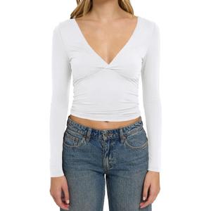 TiulZial Long Sleeve Shirts for Women - V Neck Sexy Crop Top Tight Going Out Trendy Basic Fall Clothing (M)