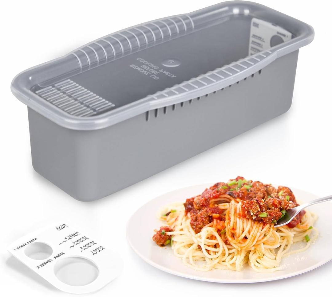 MUXIUNT Microwave Pasta Spaghetti Cooker Pot with Strainer Lid,Pasta Cooker in Microwave with Water Level and Spaghetti Portion Measuring Device,Dormitory Office Apartment Kitchen Essentials (Grey)