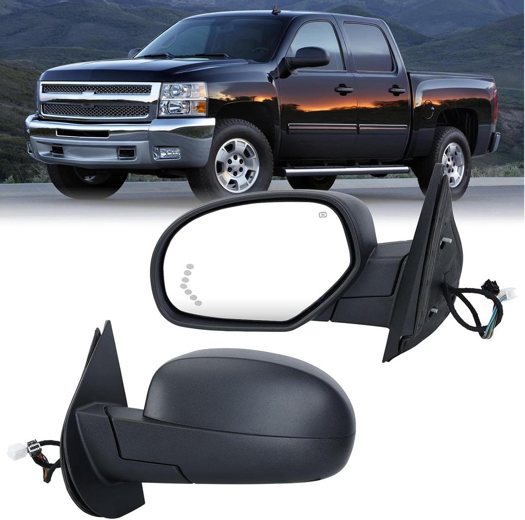 Left Black Power Folding Side Mirror Compatible with 2007-2014 GMC Sierra Yukon/Chevy Avalanche Silverado Suburban Tahoe Heated/with Turn Signal/Puddle Light Driver Mirrors