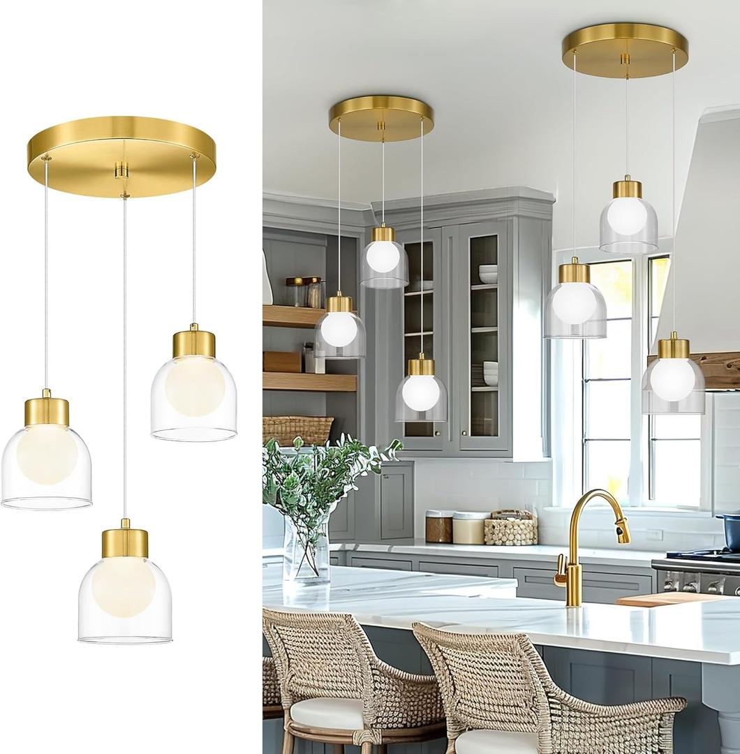 LMS 3-Light Cluster Mid Century LED Pendant Light, Brushed Gold Pendant Light Fixtures with White & Clear Double Glass, Adjustable Hanging Lamp for Dining Room Living Room Bedroom, LMS-601PL-BG3