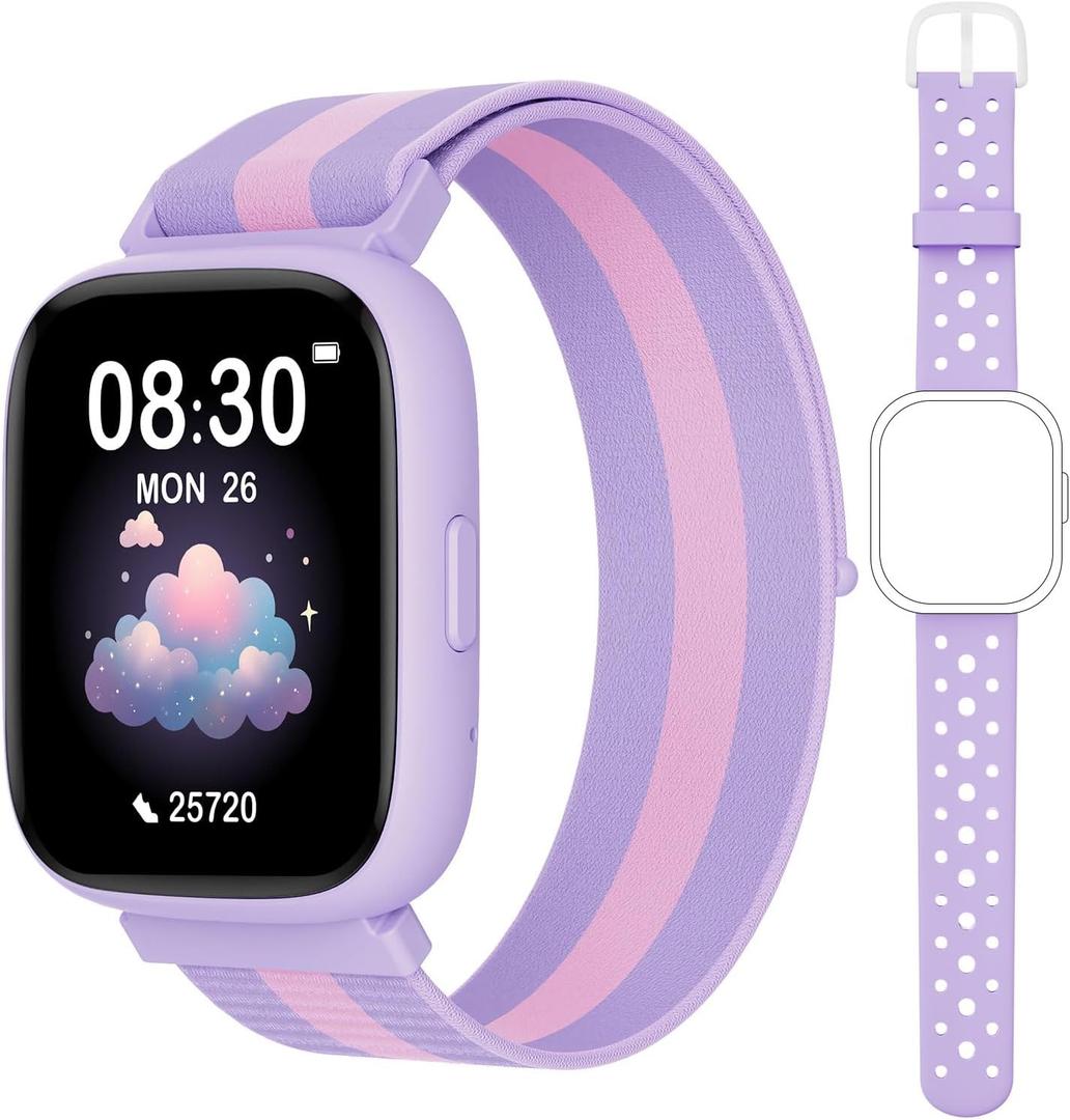 Smart Watch for Kids No Phone No APP Needed, 1.83" Fitness Tracker Watch with Pedometer, Step Counter Heart Rate/Sleep Monitor, IP68 Waterproof, Puzzle Games for Girls Teens 5-12, Nylon (Lilac)