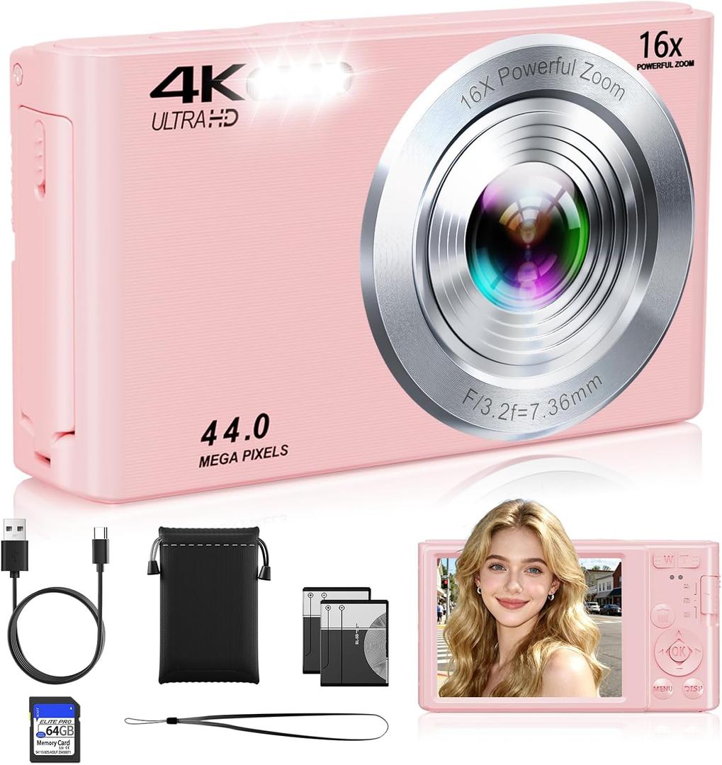 Digital Camera,Upgraded FHD 4K Pink Digital Camera for Teens Girls,Compact Digital Cameras with 64GB Memory Card,2 Batteries,Small Camera with 16X Autofocus Digital Zoom for Vlogging