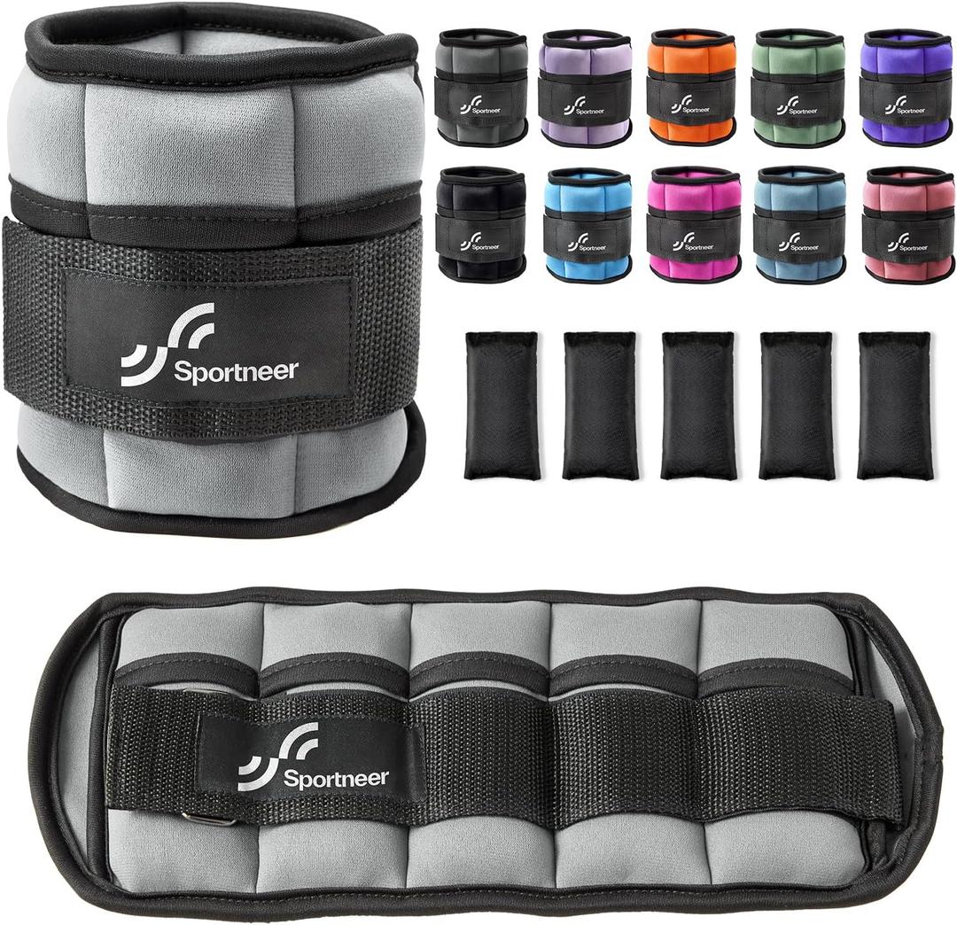 Sportneer Adjustable Ankle Weights Set - 1 Pair (2-10 lbs) Removable Sandbags for Women & Men, Comfortable Neoprene Leg Weights for Walking, Running, Pilates, Yoga, Home Workout & Physical Therapy (Light Gray)