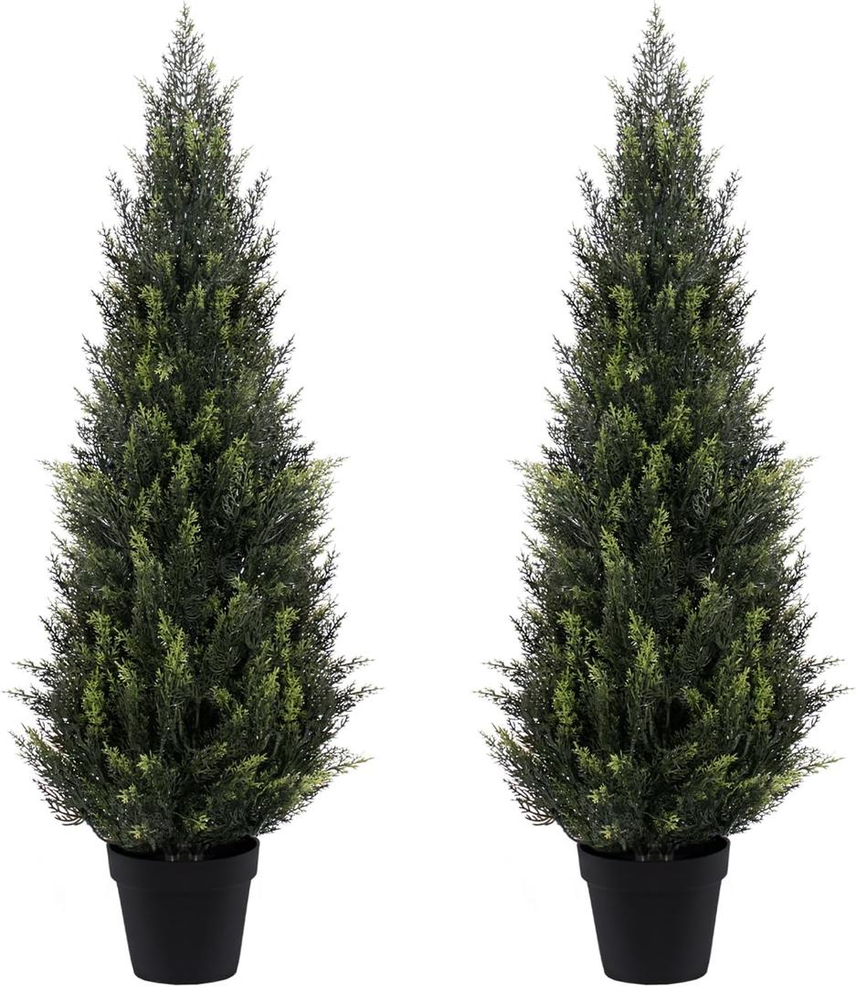 3FT Artificial Cedar Topiary Trees (2 Pack) - UV Resistant Faux Evergreen Shrubs Extra Dense Foliage Realistic Fake Pine Cypress Plants Easy Assembly for Front Porch Garden Indoor Office Decor