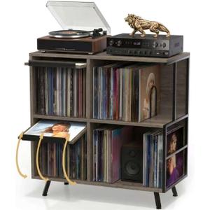 Faesun 3 Tier Record Player Stand with Flip-Down Record Shelf, Gray