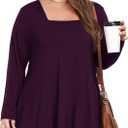 OVERWORETY Womens Plus Size T-Shirt Square Neck Long Sleeve Loose Casual Tunic Tops (4X, Aa- Purple)
