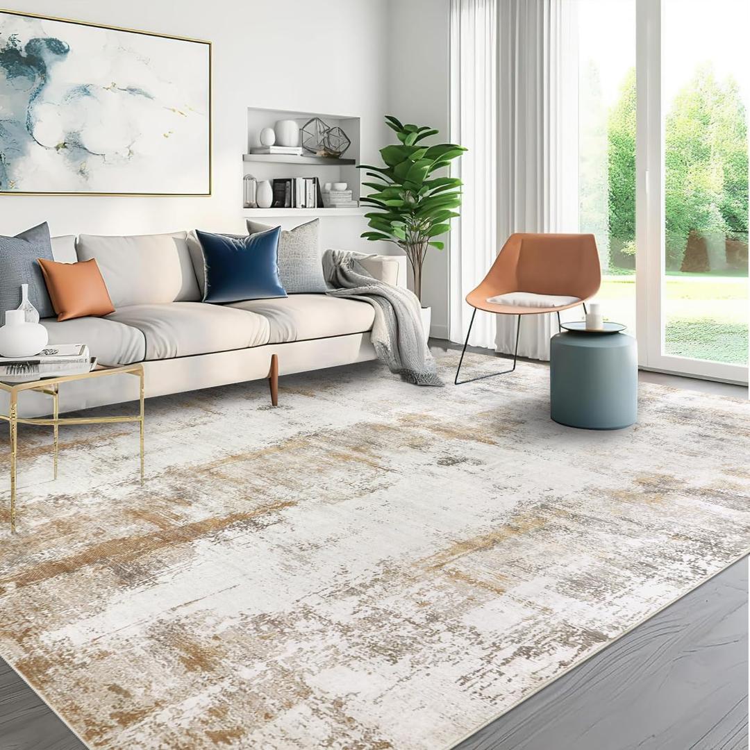 famibay Machine Washable Area Rugs 8x10 Rugs for Living Room Low Pile Neutral Area Rug Large Dining Room Rugs for Under Table Rubber Back Abstract Carpet for Living Room Under Bed(Beige/Camel (8'x10', Beige and Camel)