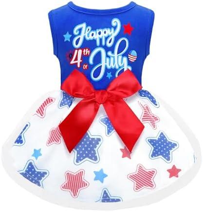 Happy 4th of July Dog Outfit Patriotic Dog Tulle Dress with Red Bowknot Independent Day Dogs Pet Doggie Apparel Clothes for Small Dogs Puppy Cats Girl Size S