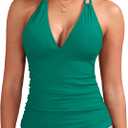Women's Halter Tankini Top V Neck Swim Top Tummy Control Bathing Suit (Green, 20 Plus)