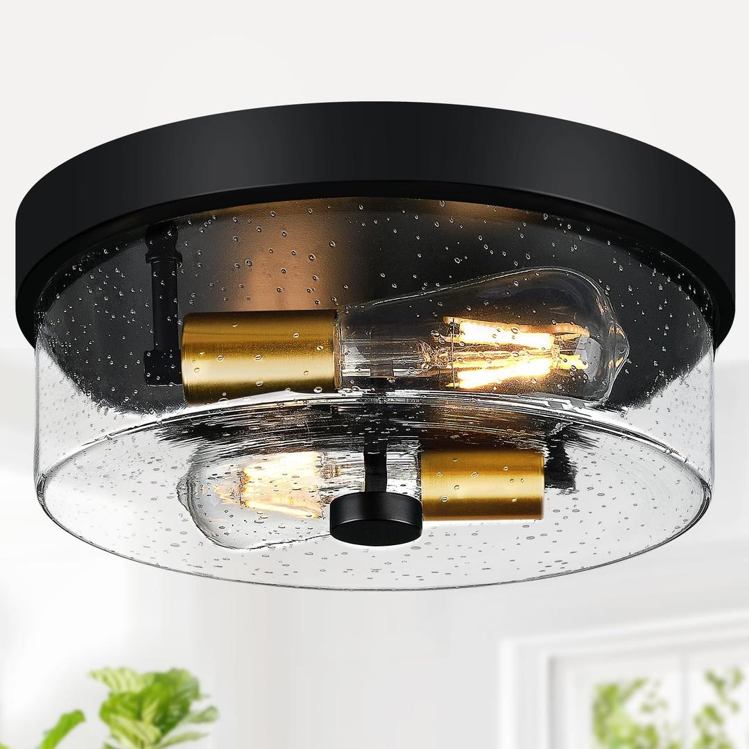 Flush Mount Ceiling Light Fixtures, 2-Light Black and Gold Ceiling Mount for Farmhouse with Seeded Glass Lampshade, Industrial Flush Mount Light Fixture for Hallway, Kitchen, Entryway and Foyer