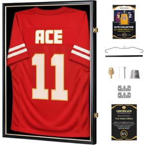 Premium Sport Jersey Frame, Black and Gold Wooden Display Case, 98% UV Protected Acrylic Shadow Box, Shirt Frame Wall Display for Basketball, Football, Baseball, for Men