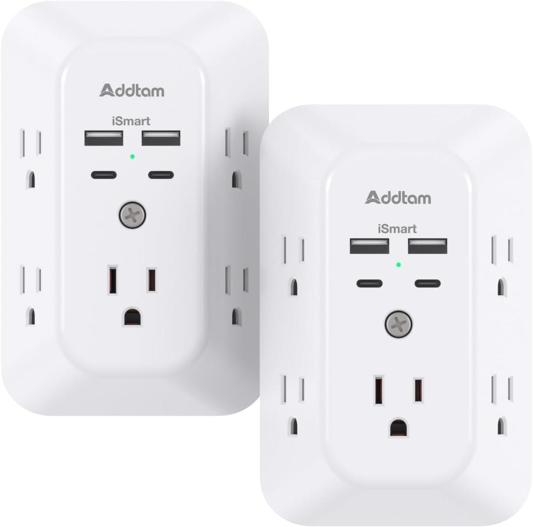 2 Pack Surge Protector Outlet Extender - Addtam 5-Outlet Splitter with 4 USB Wall Charger(2 USB-C Ports), Multi Plug Outlet Power Strip for Home, Dorm Room Essentials (White)