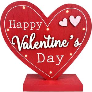 Valentines Day Dcor Led Light Red Heart Valentines Decorations Happy Valentine's Day Sign Wooden Block Farmhouse Rustic Table Sign for Home, Dining Room, Fireplace