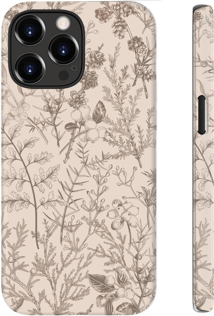 for iPhone 15 Pro Case Cute Wireless Charging Compatible Dual-Layer Shockproof Protection with Stylish Wildflower Design Protective Cover for Women - Beige Botanical Floral