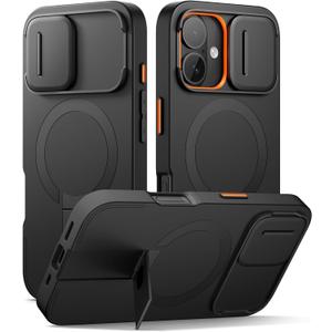 SURITCH for iPhone 16 Case with Magnetic Camera Slide Cover and Adjustable Kickstand, Compatible with MagSafe, Shockproof Bumper Case Slim Protective Cover 6.1 Inch, Black