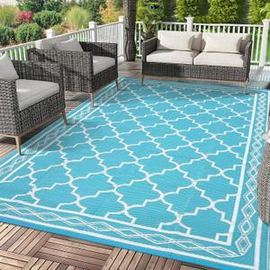 Garvee 9x12 Outdoor Rug, Large Waterproof Patio Carpet Reversible Plastic Straw Mat for Deck Backyard Balcony RV Camping, Easy Clean Outdoor Mat,Light Blue/White