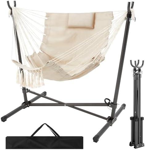 Hammock Chair with Stand Included Hanging Chair Macrame Boho Handmade Adjustable Swing with Headrest and Side Pocket Indoor Outdoor Patio Yard Garden Porch 450lbs Capacity (Gray) (Grey)
