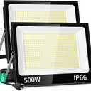 500W LED Flood Light Outdoor with Plug+10ft Cable, 60000LM Ultra Brighter 5000K Exterior Security Light, IP66 Waterproof Commercial Lighting for Sports Fields Counts Arena Stadium(2 Pack)
