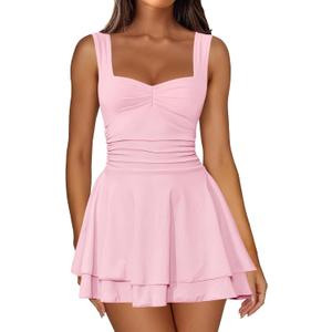 IWD Women's Square Neck Sleeveless Mini Dress Ruched Waist Tiered Ruffle Hem A Line Short Dresses (Medium, Light Pink)