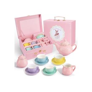 Porcelain Tea Set for Toddlers, Tea Party Set for Little Girls, Kids Tea Set Kitchen Pretend Play, Princess Tea Time Playset with Teapot Cups Carry Case, Toddler Girl Toys Birthday Gifts Age 3+