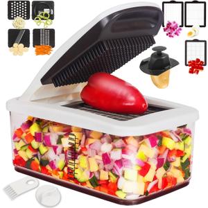 RK Vegetable Chopper, Extra Large Chopper Vegetable Cutter, Multifunctional 10-in-1 Pro Food Chopper - 6 Blades, 4 Vegetable Spiralizers, E-Recipes - Veggie Chopper with Container